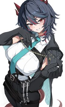 1girl belt black_gloves black_hair black_jacket black_pants blue_hair breasts character_request commentary_request dress_shirt elbow_gloves gloves highres horns indie_virtual_youtuber jacket jacket_on_shoulders large_breasts looking_at_viewer multicolored_hair necktie open_mouth pants red_eyes red_hair shirt short_hair streaked_hair torisanff14 white_background