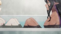 2girls animated anime_screenshot bathroom bathtub black_hair blonde_hair blush braid breasts chotto_dake_ai_ga_omoi_dark_elf_ga_isekai_kara_oikakete_kita collarbone colored_inner_hair completely_nude dark-skinned_female dark_elf dark_skin elf gradient_hair green_eyes hair_between_eyes hair_ribbon highres large_breasts long_hair mariabelle_(chotto_dake_ai_ga_omoi_dark_elf_ga_isekai_kara_oikakete_kita) mochida_sakura_(aiomodarkelf) multicolored_hair multiple_girls nipples nude pointy_ears purple_hair ribbon same-sex_bathing shared_bathing sound tagme two-tone_hair video water white_hair white_ribbon yellow_eyes