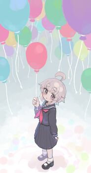 Rule 34 | 1girl, ahoge, balloon, black sailor collar, black serafuku, black shirt, black shoes, black skirt, blush, commentary, crossed bangs, full body, grey hair, highres, holding, holding balloon, kibisake, long sleeves, looking at viewer, mary janes, neckerchief, open mouth, original, pink eyes, pleated skirt, red neckerchief, sailor collar, school uniform, serafuku, shirt, shoes, short hair, skirt, socks, solo, standing, thick eyebrows, white socks