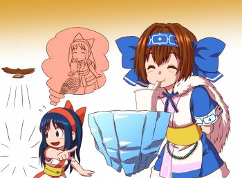 Rule 34 | 2girls, ainu clothes, apron, arms behind back, blue eyes, blue hair, breasts, brown hair, closed eyes, crossed arms, drink, drinking straw, hair ribbon, happy, highres, ice, index finger raised, legs, looking to the side, mamahaha, medium breasts, multiple girls, nakoruru, open mouth, outstretched arm, pointing, ribbon, rimururu, samurai spirits, short hair, shorts, siblings, sisters, small breasts, smile, snk, thighs, thinking, tongue