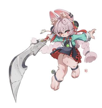 1girl accessories animal_ear_fluff animal_ears black_dress braid bright_pupils charm_(object) claws dress ear_piercing furry furry_female green_shirt highres holding holding_sword holding_weapon jody_tseng legband looking_to_the_side medallion o-ring_necktie piercing pink_fur pink_hair rabbit_ears rabbit_girl rabbit_tail red_eyes red_skirt screw shirt short_eyebrows skirt solo sword tail thick_eyebrows twin_braids twintails weapon white_background white_fur white_pupils zenless_zone_zero zhao_(zenless_zone_zero)