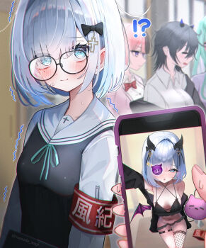 Rule 34 | 5girls, @ @, alternate costume, armband, black-framed eyewear, black bow, black camisole, black hair, black jacket, black panties, black vest, blue eyes, blush, bow, breasts, camisole, cellphone, cellphone photo, criss-cross halter, cross hair ornament, demon emoji, demon girl, demon horns, demon tail, demon wings, fishnet thighhighs, fishnets, glass, green hair, green ribbon, hair bow, hair ornament, hair over one eye, halterneck, highres, holding, holding phone, horns, ichinose uruha, jacket, juxtaposition, kaga sumire, lingerie, looking at phone, looking at viewer, mole, mole under eye, multi-strapped camisole, multiple girls, navel, nervous smile, nervous sweating, o-ring, o-ring thigh strap, off shoulder, open clothes, open jacket, panties, phone, purple eyes, red armband, ribbon, safety pin, sailor collar, sanada nagi, scared, school uniform, selfie, shirt, short hair, single thighhigh, sleepy, small breasts, smartphone, smile, solo focus, sweat, tachibana hinano, tail, thigh strap, thighhighs, trembling, twitter username, underwear, vest, viewer holding phone, virtual youtuber, vspo!, white hair, white sailor collar, white shirt, wings, yakumo beni
