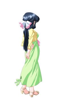 1girl anime_coloring arms_behind_back black_hair breasts cropped_jacket dress from_behind full_body game_asset green_dress hair_ribbon half_updo hand_on_own_arm highres hiiragi_mako jacket large_variant_set layered_clothes long_dress long_hair long_sleeves mahotama maki_daikichi medium_breasts official_art pink_sash ribbon sandals sash simple_background solo standing tachi-e third-party_source transparent_background variant_set visual_novel_cg yellow_jacket