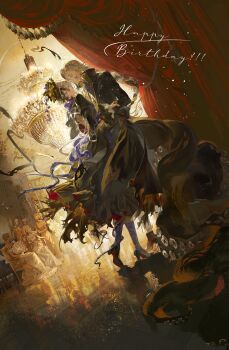 Rule 34 | 2boys, absurdres, ankle boots, backless dress, backless outfit, ballroom, black boots, black coat, black gloves, black hair, black shirt, black shoes, black socks, block heels, blue eyes, boots, borrowed character, braid, burnt clothes, chandelier, cheek piercing, choker, closed mouth, coat, colored shoe soles, commission, corset piercing, cross-laced clothes, cross-laced dress, crossdressing, crossdressing (mtf), curtained hair, curtains, d'orsay heels, dancing, dress, dutch angle, earrings, face-to-face, face piercing, facial tattoo, fascinator, fingerless gloves, flame tattoo, floral print, floral print socks, flower, flower ornament, frilled dress, frilled sleeves, frills, full body, gem, gloves, hair between eyes, hair flower, hair ornament, hairclip, hand on another's arm, happy birthday, high heels, highres, indoors, jewelry, juliet sleeves, leaf, leaf hair ornament, light particles, long hair, long sleeves, looking at another, looking at viewer, looking to the side, male focus, mandarin collar, medium dress, mihuashi commission, monster boy, mrthersh, multicolored hair, multiple boys, open clothes, open coat, original, pants, pants under dress, pearl hair ornament, people, piercing, plant, print socks, profile, puffy sleeves, purple choker, purple flower, purple gemstone, purple ribbon, reflective floor, ribbon, ribbon choker, shell, shell earrings, shirt, shoes, short hair, single braid, smile, socks, split-color hair, standing, tassel, tattoo, tentacles, torn clothes, torn coat, two-tone hair, very long hair, vines, white hair, white pants, yao mujing, yao muxuan