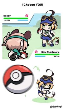 absurdres ahoge animal_ears blonde_hair blue_overalls dooby dooby_(1st_costume) english_text gloves goggles green_eyes highres indie_virtual_youtuber multicolored_hair nimi_nightmare overalls poke_ball poke_ball_(basic) scanling shirt short_hair tail tapir_ears tapir_girl throwing throwing_poke_ball virtual_youtuber white_shirt