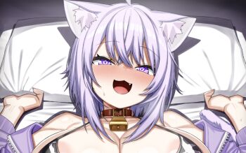 1girl :3 animal_ear_fluff animal_ears animal_print bikini blush breasts cat_ears cat_girl collar cow_print cow_print_bikini cropped fang handplug hololive implied_sex large_breasts lying nekomata_okayu on_back on_bed open_mouth paid_reward_available print_bikini purple_eyes purple_hair solo swimsuit virtual_youtuber