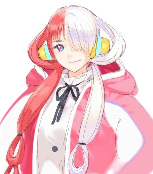 1girl behind-the-head_headphones black_ribbon commentary conto english_commentary hair_over_one_eye headphones hood hooded_jacket jacket long_hair multicolored_hair neck_ribbon one_piece one_piece_film:_red open_clothes open_jacket red_hair red_jacket ribbon smile split-color_hair two-tone_hair upper_body uta_(one_piece) white_hair