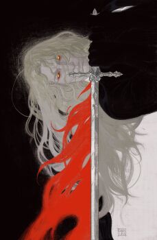 Rule 34 | 1boy, absurdres, alucard (castlevania), black background, blending, blonde hair, castlevania: symphony of the night, castlevania (series), closed mouth, colored sclera, commentary, english commentary, fire, glowing, glowing eyes, gvales (hvfrue), highres, holding, holding sword, holding weapon, long hair, looking at viewer, male focus, solo, sword, two-tone background, upper body, wavy hair, weapon, white background, yellow eyes