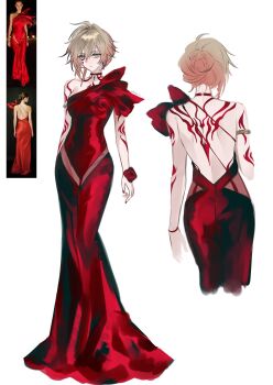 1girl ahoge alternate_costume arm_tattoo armlet back_tattoo backless_dress backless_outfit blonde_hair braid breasts choker closed_mouth commentary dress earrings evening_gown expressionless facial_tattoo full_body genderswap genderswap_(mtf) gold_armlet hair_between_eyes hair_bun hair_up highres honkai:_star_rail honkai_(series) jewelry long_dress looking_at_viewer medium_breasts multiple_views mydei_(honkai:_star_rail) nail_polish photo_inset red_choker red_dress red_nails red_tattoo reference_inset side_braid simple_background single-shoulder_dress single_bare_shoulder symbol-only_commentary tattoo white_background yellow_eyes yigenzhen26389