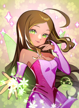 1girl ahoge bare_shoulders brown_hair closed_mouth commentary cowboy_shot dress fairy flora_(winx_club) flower green_eyes highres klaeia long_hair looking_at_viewer parted_bangs pink_dress smile solo sparkle wings winx_club