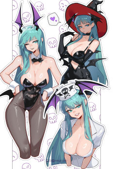 1girl black_dress black_hat black_leotard black_pantyhose breasts cleavage coat cowboy_shot darkstalkers demon_girl demon_wings dress green_eyes green_hair hat head_wings highres inhoso large_breasts leotard long_hair low_wings morrigan_aensland multiple_views multiple_wings nurse nurse_cap one_eye_closed pantyhose playboy_bunny spaghetti_strap strapless strapless_leotard upper_body white_coat white_dress wings witch witch_hat