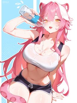 1girl alternate_costume animal_ear_fluff animal_ears arm_support artist_name bare_arms bare_shoulders black_shorts blue_background blush bottle breasts chui_art cleavage commentary dolphin_shorts fingernails hair_between_eyes hair_intakes highres holding holding_bottle hololive hololive_english large_breasts long_hair looking_at_viewer multicolored_hair navel open_mouth panther_ears panther_girl panther_tail pink_hair pink_nails plastic_bottle pouring pouring_onto_self raora_panthera short_shorts shorts sitting slit_pupils solo sports_bra sportswear stomach streaked_hair tail tongue tongue_out two-tone_background two-tone_hair very_long_hair virtual_youtuber water water_bottle wet wet_sports_bra white_background white_hair yellow_eyes