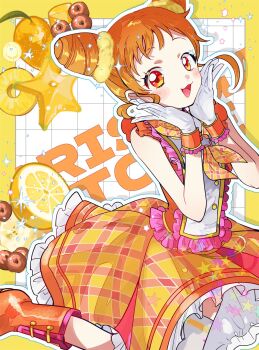 Rule 34 | 1girl, :3, :d, aikatsu!, aikatsu! (series), arisugawa otome, asako (itiba), bare arms, boots, border, character name, checkered background, double bun, dress, facing ahead, food, frilled dress, frills, fruit, gloves, hair bun, hair ornament, hair scrunchie, hands up, happy, highres, idol, lemon, looking at viewer, medium dress, medium hair, neckerchief, non-web source, open mouth, orange boots, orange dress, orange eyes, orange hair, orange neckerchief, outline, pineapple, plaid clothes, plaid dress, scrunchie, sidelocks, sleeveless, sleeveless dress, smile, solo, sparkle, standing, standing on one leg, starfruit, thighhighs, white background, white gloves, white outline, white thighhighs, wrist cuffs, yellow border, yellow scrunchie, zettai ryouiki