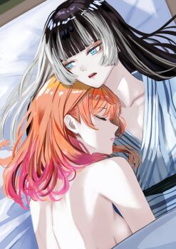 Rule 34 | 2girls, absurdres, back, bare back, bed sheet, black hair, blue eyes, blunt bangs, breasts, closed eyes, clothed female nude female, collarbone, commentary request, dhbwinner, eyebrows hidden by hair, from above, gradient hair, grey hair, hair between eyes, half-closed eyes, head on another's shoulder, highres, hime cut, hololive, hololive dev is, ichijou ririka, indoors, japanese clothes, juufuutei raden, kimono, long hair, looking at another, lying, medium breasts, multicolored hair, multiple girls, nude, on back, on side, open mouth, orange hair, parted lips, pink hair, sideboob, sleeping, straight hair, streaked hair, two-tone hair, under covers, upper body, virtual youtuber, white kimono, yukata, yuri