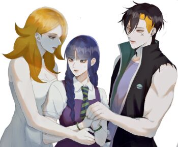 1boy 2girls black_hair blonde_hair blue_hair boruto:_two_blue_vortex bracelet braid breasts cleavage coat commentary_request delta_(boruto) diagonal-striped_clothes diagonal-striped_necktie dress eyebrow_piercing face_piercing facial_tattoo grey_eyes hand_grab ifevilwhyuhot jewelry kakei_sumire kawaki_(boruto) low_twin_braids medium_breasts multicolored_hair multiple_girls muscular muscular_male naruto_(series) necktie piercing pink_eyes purple_dress purple_shirt shirt sleeveless sleeveless_coat striped_clothes tattoo twin_braids two-tone_hair undercut white_dress