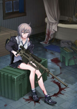 1girl bathtub black_jacket black_skirt blood blood_on_clothes blood_on_ground blood_on_leg blood_on_shoulder bolt_action box bucket cheytac_m200 collared_shirt commentary dress_shirt english_commentary finger_on_trigger full_body girls&#039;_frontline grey_hair gun holding holding_gun holding_weapon indoors jacket long_hair looking_at_viewer m200_(girls&#039;_frontline) mop off_shoulder on_box open_clothes open_jacket open_mouth pleated_skirt purple_eyes rifle shirt shoes shoukaki_(earthean) sitting sitting_on_box skirt sneakers sniper_rifle socks solo torn_clothes torn_shirt weapon white_shirt white_socks window