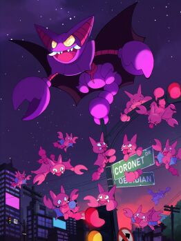 Rule 34 | alternate color, black eyes, cityscape, claws, colored sclera, colored skin, commentary, fangs, gen 2 pokemon, gen 4 pokemon, gliding, gligar, gliscor, highres, night, nintendo, no humans, open mouth, pincers, pink skin, pokemon, pokemon (creature), power lines, road sign, sharp teeth, shiny pokemon, sign, signpost, sky, smile, star (sky), starry sky, symbol-only commentary, taplaos, teeth, wings, yellow eyes, yellow sclera
