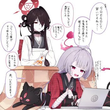 2girls ahoge bandaged_arm bandages bandaid bandaid_on_face black_choker black_hair black_nails blue_archive blunt_bangs blunt_ends caffeinechara chinese_hairpin choker computer earrings fishnet_top fishnets grey_kimono hair_between_eyes hair_bun hair_over_one_eye haori highres holding_orange jacket japanese_clothes jewelry kimono kokuriko_(blue_archive) kotatsu kurokage_(blue_archive) laptop long_hair multiple_girls nail_polish open_mouth pointy_ears red_eyes red_haori red_ribbon ribbon shuro_(blue_archive) sidelocks table typing under_kotatsu under_table white_hair white_jacket