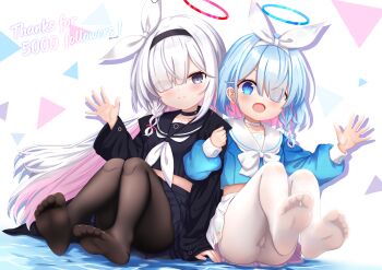 2girls absurdres arona_(blue_archive) black_hairband black_pantyhose black_serafuku black_shirt black_skirt blue_archive blue_eyes blue_hair blue_halo blue_shirt blush braid chinese_commentary closed_mouth colored_inner_hair commentary_request grey_eyes grey_hair hairband halo hand_up highres locked_arms long_hair looking_at_viewer midriff multicolored_hair multiple_girls neckerchief open_mouth pantyhose pink_hair plana_(blue_archive) red_halo red_pupils school_uniform serafuku shirt sitting skirt smile thank_you twitter_username uro30 very_long_hair white_hairband white_neckerchief white_pantyhose white_skirt