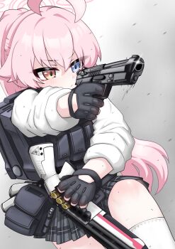 1girl ahoge black_gloves blue_archive blue_eyes commentary_request fingerless_gloves gloves gun halo heterochromia highres holding holding_gun holding_weapon hoshino_(armed)_(blue_archive) hoshino_(blue_archive) long_hair official_alternate_costume pink_hair plaid_clothes plaid_skirt shirt shotgun skirt solo tomimon weapon white_shirt
