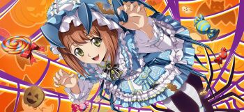 1girl apron blue_dress bow brown_hair candy code_geass code_geass:_dakkan_no_roze code_geass:_lost_stories dress f4samurai food frilled_apron frilled_dress frilled_skirt frilled_sleeves frills game_cg green_eyes hair_bow halloween highres looking_at_viewer mei_ema official_art open_mouth short_hair skirt smile solo thighhighs