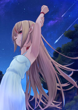 1girl ;) absurdres armpits arms_up bangle bare_shoulders belt_collar blunt_bangs blush bracelet closed_mouth collar cowboy_shot dress fang floating_hair from_above from_side grey_hair hair_down highres jewelry karashibushi lace_trim long_hair makaino_ririmu makaino_ririmu_(3rd_costume) milky_way multicolored_hair night nijisanji one_eye_closed pointy_ears red_collar red_eyes red_hair shooting_star sidelocks skin_fang sleeveless sleeveless_dress smile solo star_(sky) straight_hair streaked_hair stretching sundress tree virtual_youtuber white_dress