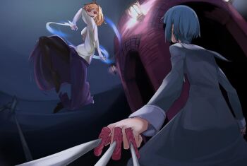 2girls ahoge arcueid_brunestud battle black_keys_(type-moon) black_pantyhose blonde_hair blue_hair ciel_(tsukihime) colored_sclera evil_smile fighting fighting_stance floating from_below hair_intakes high_heels highres holding holding_weapon huneph imminent_attack looking_at_another melty_blood melty_blood:_type_lumina multiple_girls mystic_eyes_of_enchantment night nun pantyhose purple_skirt red_arcueid red_sclera sharp_teeth short_hair side_slit skirt smile sweater teeth tsukihime tsukihime_(remake) tunic turtleneck turtleneck_sweater vampire weapon white_sweater wing_collar yellow_eyes