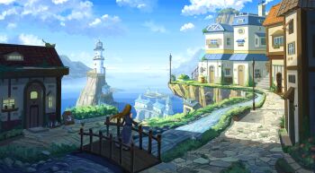 1girl architecture blurry bridge brown_hair building cat chimney cliff cobblestone day depth_of_field detached_sleeves dress fantasy from_behind highres lamppost lighthouse long_sleeves mountain original outdoors plant potion potted_plant river road scenery shadow shop sky sleeveless sleeveless_dress smoke solo soumura stairs village