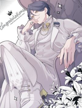 030ravie 1boy armchair black_hair blue_hair chair closed_mouth commentary_request formal_clothes hair_between_eyes jacket knee_up leaf long_sleeves looking_at_viewer male_focus meguriya_ayumu official_alternate_costume pants shirt shoes short_hair sitting smile solo sparkle suit toshi_densetsu_kaitai_center white_jacket white_pants white_shirt white_shoes white_suit yellow_eyes