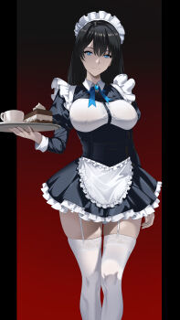 1girl absurdres apron black_hair blue_eyes blue_necktie breasts cake dress food frilled_apron frilled_dress frills garter_straps highres holding holding_tray indy_k large_breasts long_hair maid maid_headdress necktie original skindentation standing thigh_gap thighhighs tray white_thighhighs zettai_ryouiki