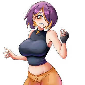Rule 34 | 1girl, absurdres, bare arms, black gloves, black shirt, breasts, commentary, cowboy shot, cross, dilan griz, ear piercing, earrings, english commentary, eyebrow piercing, face piercing, gloves, hair over one eye, hand up, highres, jewelry, large breasts, latin cross, looking at viewer, midriff, mouth piercing, multicolored hair, multiple piercings, nose piercing, one eye covered, orange eyes, orange pants, orange streaks, original, pants, parted bangs, partially fingerless gloves, piercing, purple hair, queen (dilan griz), shirt, short hair, simple background, sleeveless, sleeveless shirt, sleeveless turtleneck, smile, solo, streaked hair, turtleneck, turtleneck shirt, white background
