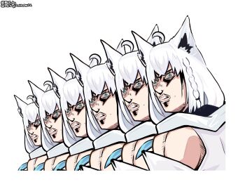 Rule 34 | afterimage, ahoge, animal ears, bare shoulders, blaparky, blue eyes, fox ears, fox girl, highres, hololive, jojo no kimyou na bouken, scene reference, shirakami fubuki, simple background, virtual youtuber, white background, white hair