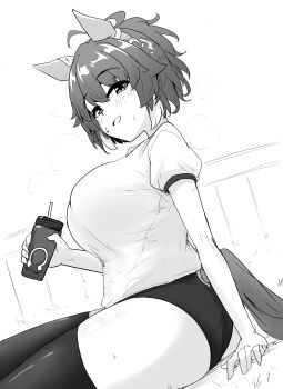 Rule 34 | 1girl, absurdres, animal ears, breasts, commentary request, cup, dantsu flame (umamusume), greyscale, gryebooks, highres, holding, holding cup, horse ears, horse girl, horse tail, large breasts, looking at viewer, monochrome, short hair, solo, tail, umamusume, white background