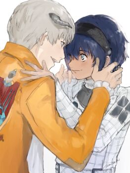 Rule 34 | 2boys, belt, belt buckle, blue hair, buckle, closed mouth, coat, collared coat, couple, dark blue hair, eye contact, frilled sleeves, frills, grey eyes, hairband, heterochromia, highres, horns, long sleeves, looking at another, male focus, metal hairband, metaphor: refantazio, multiple boys, open mouth, patterned clothing, protagonist (metaphor: refantazio), samerkgk, short hair, simple background, smile, strohl (metaphor: refantazio), teeth, upper body, white background, white coat, white hair, yaoi, yellow coat