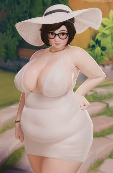 1girl 3d absurdres black-framed_eyewear blurry bracelet breasts brown_eyes brown_hair cleavage commentary covered_erect_nipples cowboy_shot depth_of_field dress english_commentary fugtrup glasses grass hand_on_own_hip hat highres huge_breasts jewelry looking_at_viewer mei_(overwatch) necklace no_bra outdoors overwatch parted_lips plump protected_link solo swept_bangs thick_thighs thighs white_dress white_hat wide_hips