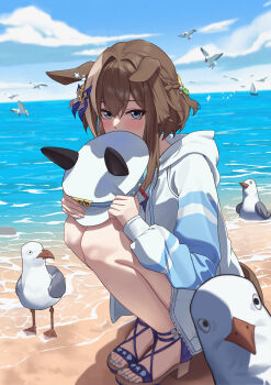 1girl absurdres beach bird blue_nails blurry blurry_background blush brown_hair cheval_grand_(umamusume) highres holding hood hoodie looking_at_viewer ocean outdoors seagull short_hair shy solo squatting tuomali umamusume