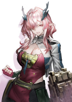 1girl absurdres arknights arknights:_endfield blue_horns breasts chinese_commentary cleavage clenched_hand commentary commentary_request cropped_shirt english_commentary fingerless_gloves gloves grey_shirt hair_intakes hair_over_one_eye highres horns large_breasts long_hair long_sleeves looking_at_viewer mi_fu_(arknights) mixed-language_commentary mole mole_on_breast mole_under_eye multiple_moles one_eye_covered partial_commentary pink_eyes pink_gloves pink_hair pointy_ears shirt simple_background sketch solo white_background yiyanbanshengchou