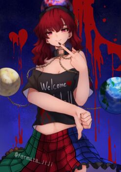 1girl bare_shoulders black_nails black_shirt blood breasts chain cleavage closed_mouth clothes_writing earth_(ornament) hat heart hecatia_lapislazuli highres long_hair looking_at_viewer medium_breasts middle_finger midriff moon_(ornament) multicolored_skirt navel neold off-shoulder_shirt off_shoulder red_eyes red_hair shirt short_sleeves skirt smile solo t-shirt thumbs_down touhou twitter_username underworld_(ornament)