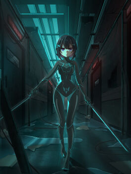 1girl absurdres black_bodysuit black_hair bodysuit cluebox covered_collarbone door dual_wielding hair_ornament hairclip hallway highres holding holding_sword holding_weapon latex latex_bodysuit original puddle purple_eyes reflection shiny_clothes short_hair skin_tight solo straight-on sword variant_set walking weapon