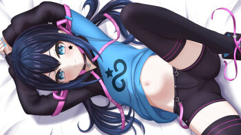 1girl absurdres arms_up azunyart black_shorts black_thighhighs blue_eyes blue_hair blue_nails blush closed_mouth commentary_request foot_out_of_frame highres hood hoodie indie_virtual_youtuber loli long_hair long_sleeves lying midriff mugen_mochi multicolored_hoodie nail_polish navel on_back on_bed short_shorts shorts smile solo split_mouth star_(symbol) star_sticker sticker sticker_on_face thighhighs variant_set virtual_youtuber