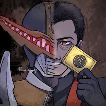 1boy armor black_gloves black_hair brown_armor brown_eyes crocodile crocodilian eye_wrinkles facial_hair gaoh gloves grin helmet highres holding holding_weapon kamen_rider kamen_rider_den-o_(series) kamen_rider_gaoh male_focus mask masked masked_male portrait red_eyes rerukurage64 short_hair smile split_face stubble teeth watermark weapon