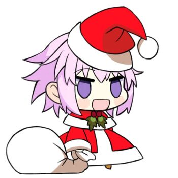 1girl bag binato_lulu capelet chibi christmas commentary dress english_commentary fur-trimmed_capelet fur-trimmed_dress fur-trimmed_headwear fur-trimmed_jacket fur_trim gift_bag hat holding holding_bag holding_sack jacket long_sleeves meme neptune_(neptunia) neptune_(series) no_pupils open_mouth padoru_(meme) purple_eyes purple_hair red_capelet red_hat sack santa_costume santa_dress santa_hat simple_background solo white_background