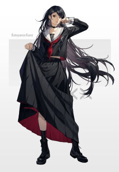 1girl absurdres alternate_costume alternate_hair_length alternate_hairstyle black-framed_eyewear black_boots black_choker black_hair black_serafuku black_shirt black_skirt black_socks boots brown_eyes character_name choker clothes_lift commentary cross earrings floating_hair full_body glasses hair_ornament hairclip highres holding holding_removed_eyewear iroin11 jewelry katayama_kumi long_hair long_skirt long_sleeves looking_to_the_side necktie parted_lips persona persona_5 persona_5:_the_phantom_x red_necktie sailor_collar school_uniform serafuku shirt skirt skirt_lift socks solo unworn_eyewear very_long_hair white_sailor_collar