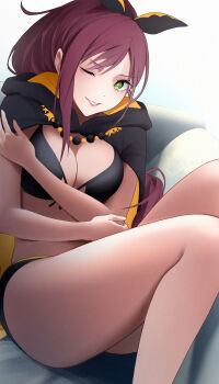 1girl absurdres belt bikini bikini_top_only black_bikini black_cape black_ribbon black_shorts breasts brown_hair cape cleavage commentary couch english_commentary extra_pupils front-tie_bikini_top front-tie_top green_eyes hair_between_eyes hair_ribbon high_ponytail highres large_breasts long_hair looking_at_viewer one_eye_closed orange_belt orange_cape parted_lips ponytail re:zero_kara_hajimeru_isekai_seikatsu ribbon shadow shaula_(re:zero) short_shorts shorts shoyiyyi sidelocks sitting smile solo stomach swept_bangs swimsuit two-tone_cape