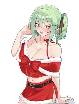 1girl :d absurdres arm_at_side bare_shoulders belt black_belt blush bow bowtie breasts bright_pupils buckle cleavage commentary cowboy_shot crop_top cropped_shirt fur-trimmed_shirt fur-trimmed_skirt fur_trim green_hair hair_ribbon hand_up heart highres korean_commentary large_breasts maksagwa medium_hair midriff miniskirt multicolored_eyes navel neck_ribbon off-shoulder_shirt off_shoulder open_mouth purple_eyes red_bow red_shirt red_skirt ribbon shirt side_slit simple_background skirt smile solo speech_bubble spoken_heart standing stellive striped_ribbon twintails two-tone_eyes virtual_youtuber white_background white_pupils yuzuha_riko