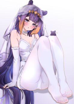 Rule 34 | 1girl, :o, alternate costume, artist name, ass, blue eyes, blush, breasts, cleavage, dress, elbow gloves, feet, fingerless gloves, gloves, hashtag-only commentary, head tilt, highres, hololive, hololive english, ketari, knees up, long hair, medium breasts, mole, mole under eye, nail polish, ninomae ina'nis, panties, panties under pantyhose, pantyhose, pink nails, pointy ears, purple hair, signature, sitting, sleeveless, sleeveless dress, solo, takodachi (ninomae ina'nis), thighs, toenail polish, toenails, toes, underwear, very long hair, virtual youtuber, wedding dress, white dress, white gloves, white panties, white pantyhose