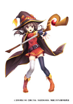Rule 34 | 1girl, bandaged leg, bandages, belt, black cape, black thighhighs, boots, brown belt, brown boots, brown eyes, brown hair, cape, commentary request, copyright notice, edamame senpai, fingerless gloves, gloves, hat, holding, holding staff, kono subarashii sekai ni shukufuku wo!, megumin, official art, open mouth, red tunic, single thighhigh, solo, staff, thighhighs, tunic, vivid army, witch hat