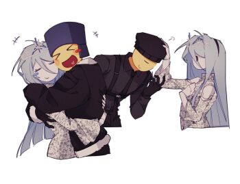 &gt;_&lt; 1girl 2boys air_zizon android black_gloves black_hairband black_jacket black_necktie blue_hair blue_hat blush_stickers clothing_cutout colored_skin dress eunoia_(frozen_soul) floating_head frozen_soul gloves hair_between_eyes hairband happy hat hug jacket joints long_hair mafioso_(frozen_soul) multiple_boys necktie open_mouth petting roblox robot_joints shoulder_cutout simple_background single_blush_sticker smile tiara ushanka white_background white_dress white_skin wide_sleeves