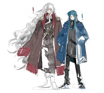 1boy 1girl absurdres bari_(project_moon) black_jacket black_pants blue_coat blue_eyes blue_hair boots brown_coat closed_mouth coat coat_on_shoulders collared_shirt epaulettes facing_viewer floating_hair full_body hands_in_pockets highres hua_tu_wei_long jacket la_manchaland&#039;s_don_quixote_(project_moon) limbus_company long_hair long_sleeves looking_at_viewer pants partially_colored project_moon red_eyes shirt shoes sidelocks smile standing unfinished very_long_hair white_background white_hair