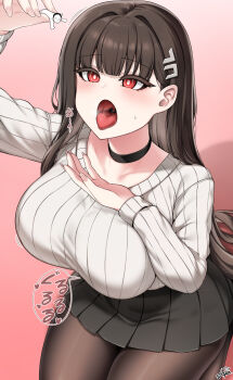 1boy 1girl absurdres black_choker black_hair black_pantyhose black_skirt blue_archive breasts bright_pupils choker collarbone djqn_gts doodle_sensei_(blue_archive) giant giantess hair_ornament hairclip highres imminent_vore large_breasts long_hair long_sleeves open_mouth pantyhose pleated_skirt red_eyes rio_(blue_archive) seiza sensei_(blue_archive) signature sitting size_difference skirt sweater tongue tongue_out very_long_hair white_pupils white_sweater